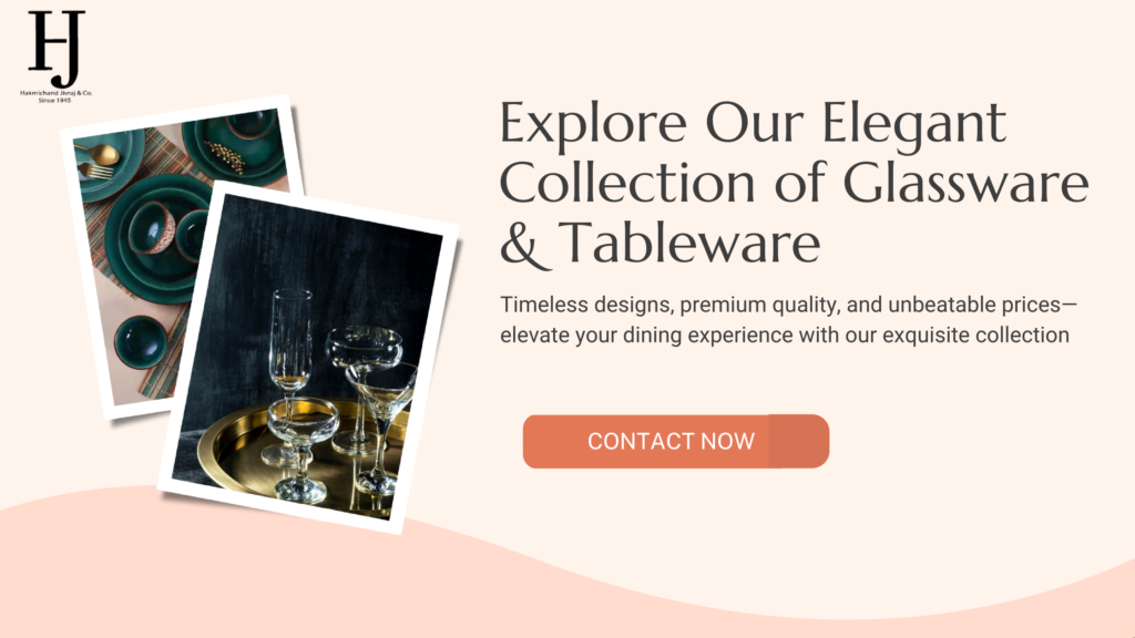Elegant collection of glassware and dinnerware sets, including champagne flutes, water glasses, and crockery in stylish designs.